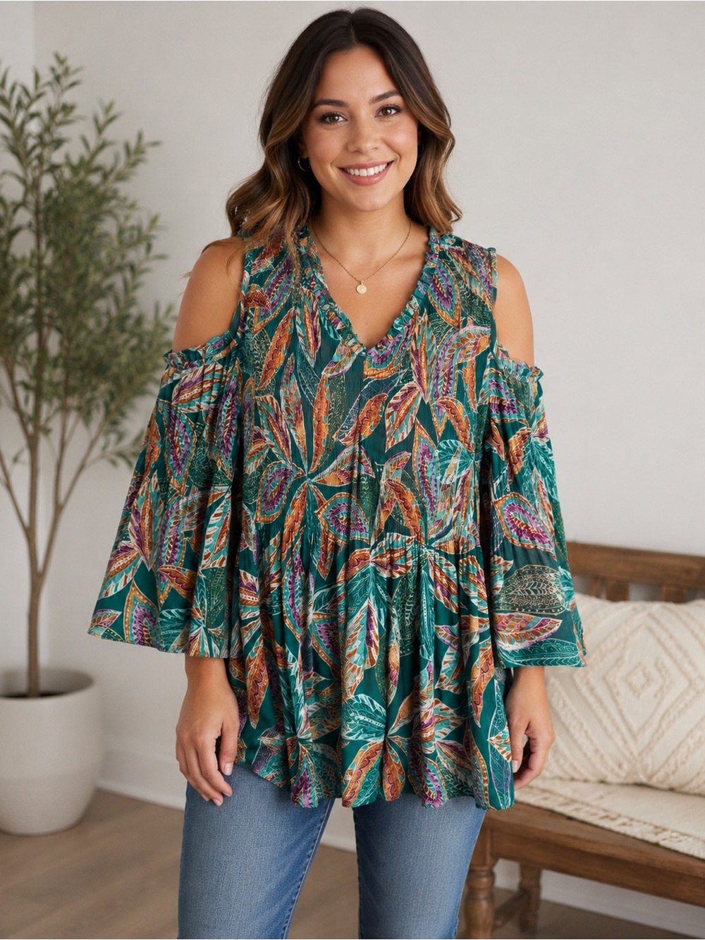 Ninety Small Teal Tropical Leaf Cold Shoulder Smocked Boho Blouse Tropical